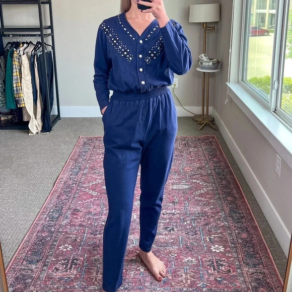 Vintage 80’s Western Bedazzled Jumpsuit Navy Blue small - Picture 12 of 12